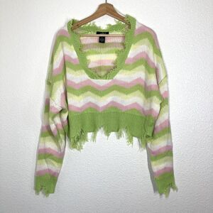 Just Polly Sweater Womens XL Green Pink Chevron Cropped Rave V Neck